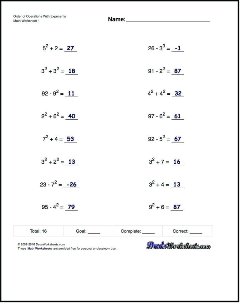 Order Of Operations With Exponents Worksheet Order Of