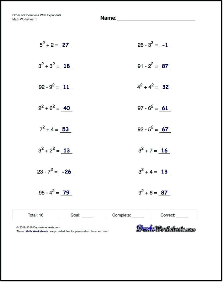 Order Of Operations With Exponents Worksheet Order Of — db-excel.com