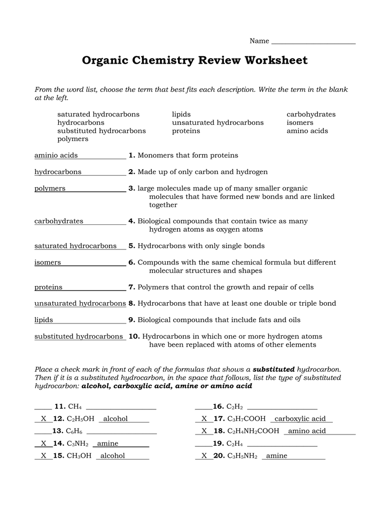 Organic Chemistry Review Worksheet