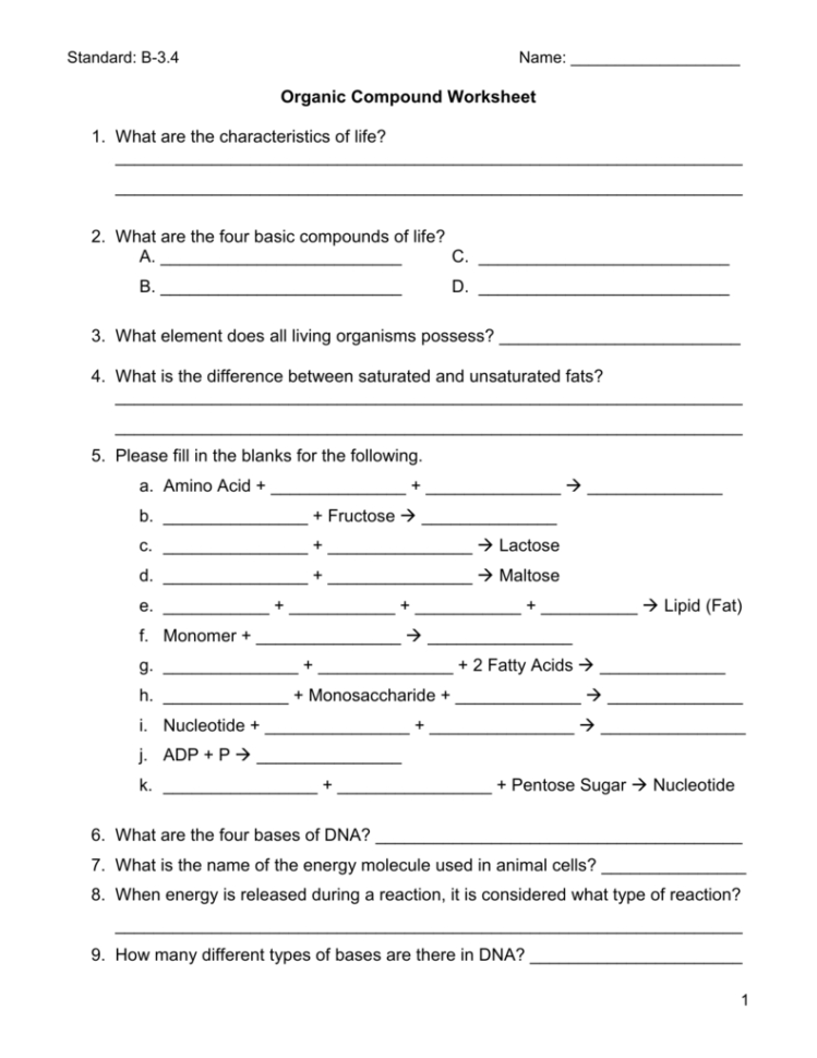 Organic Compounds Worksheet