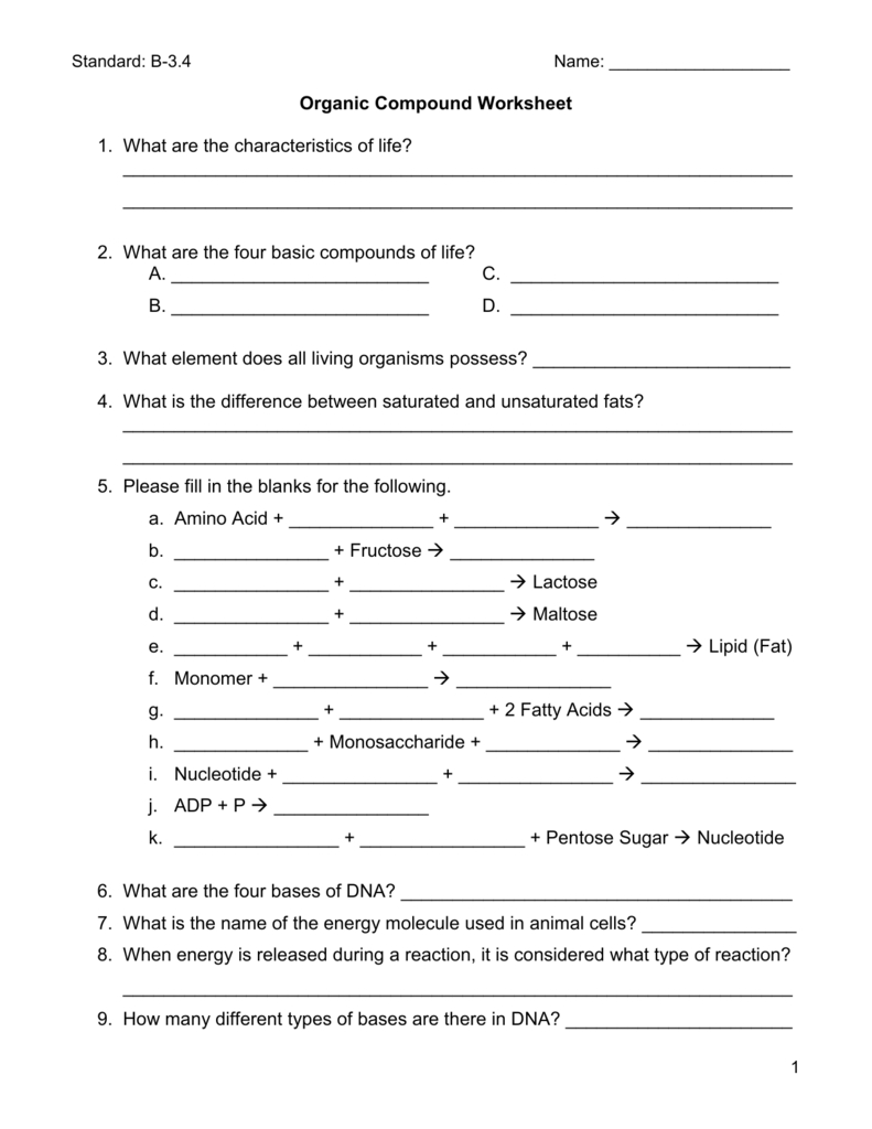 Organic Compounds Worksheet Biology Answers — db-excel.com