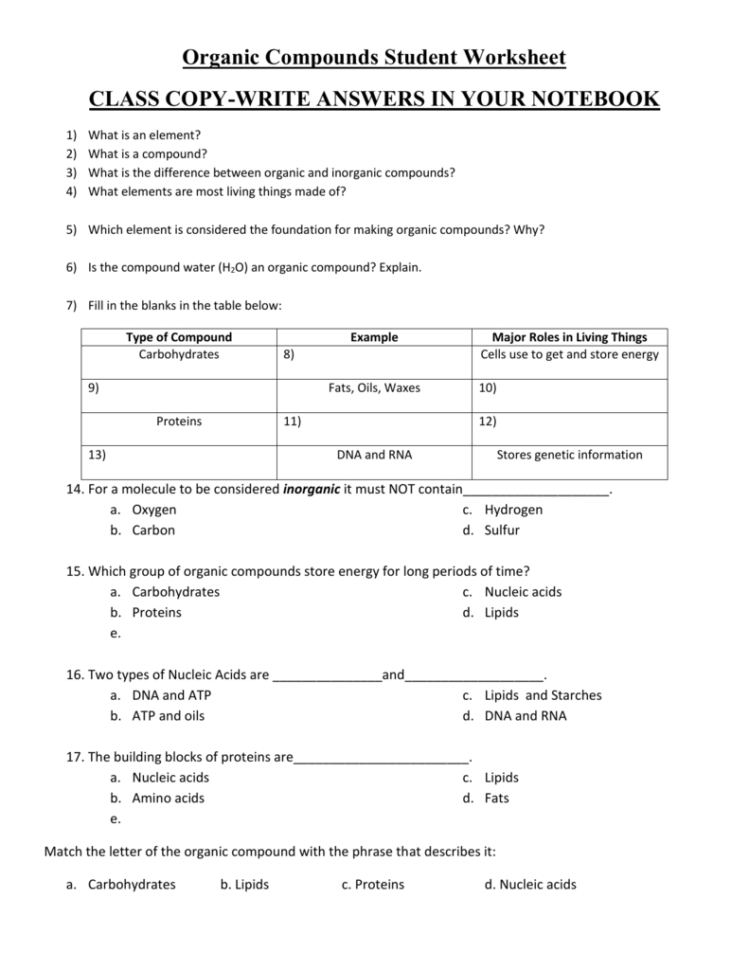 Organic Compounds Worksheet Biology Answers — db-excel.com