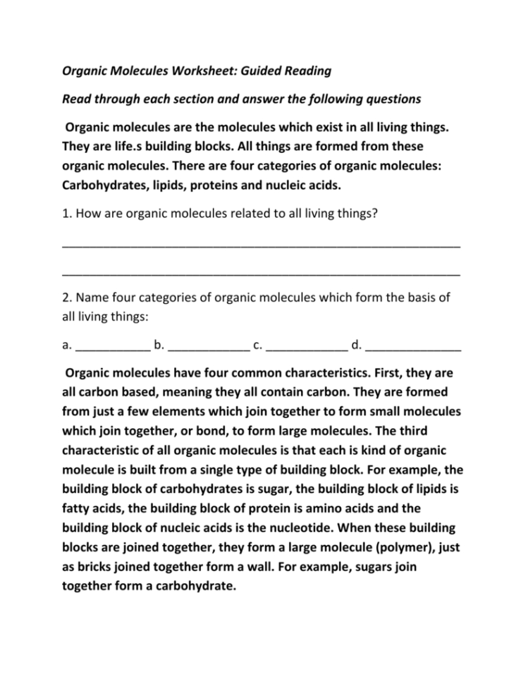 Organic Molecules Worksheet Guided Reading Read Through Each