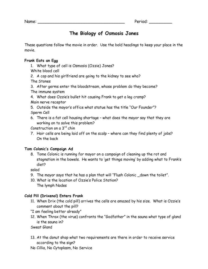 Osmosis Jones Movie Worksheet