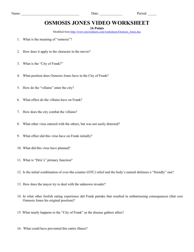 Osmosis Jones Video Worksheet