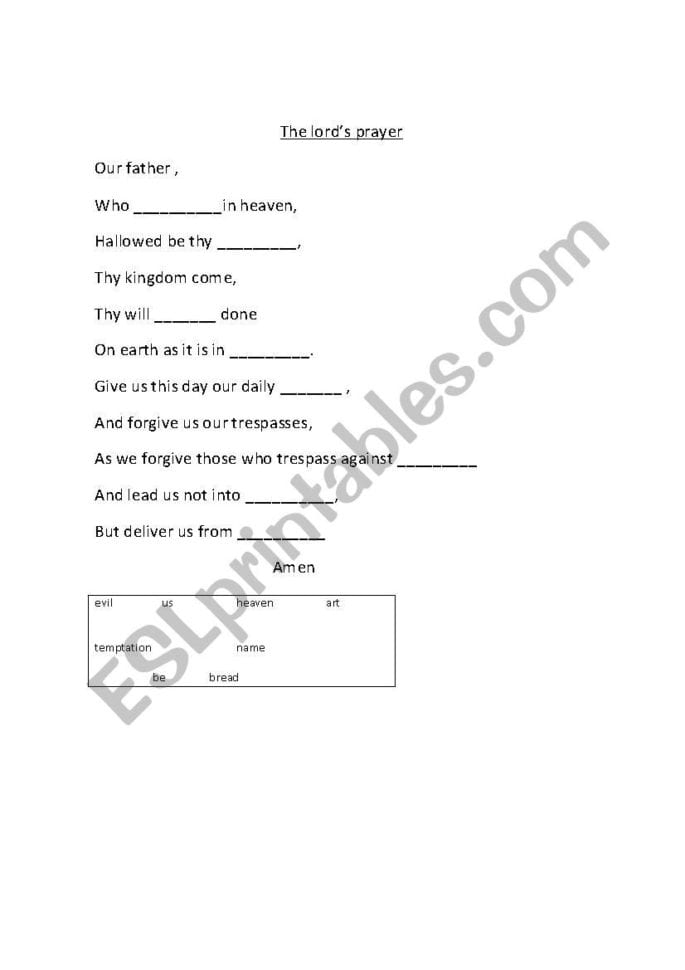 Our Father Prayer Listening Exercise  Esl Worksheet