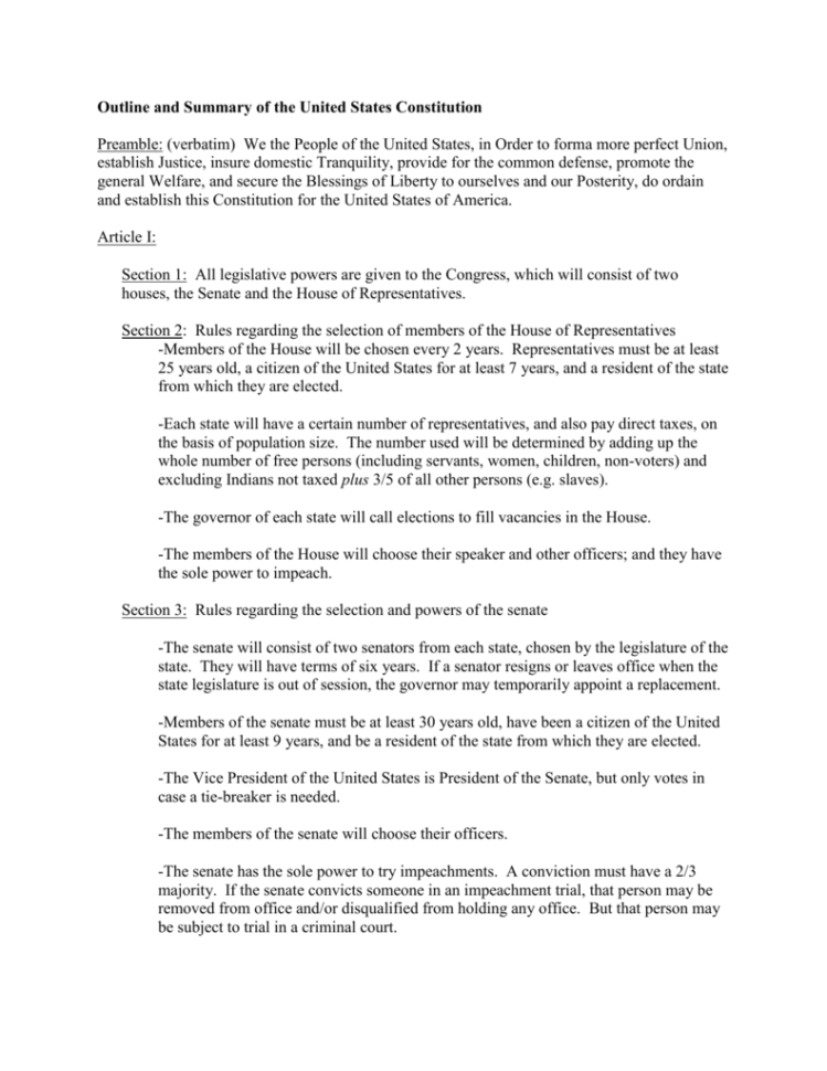 Outline And Summary Of The United States Constitution