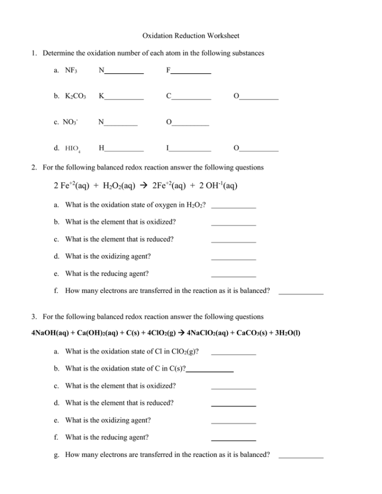 Oxidation Reduction Worksheetdoc