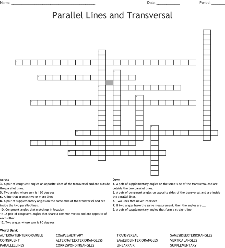 Parallel Lines And Transversal Crossword  Word