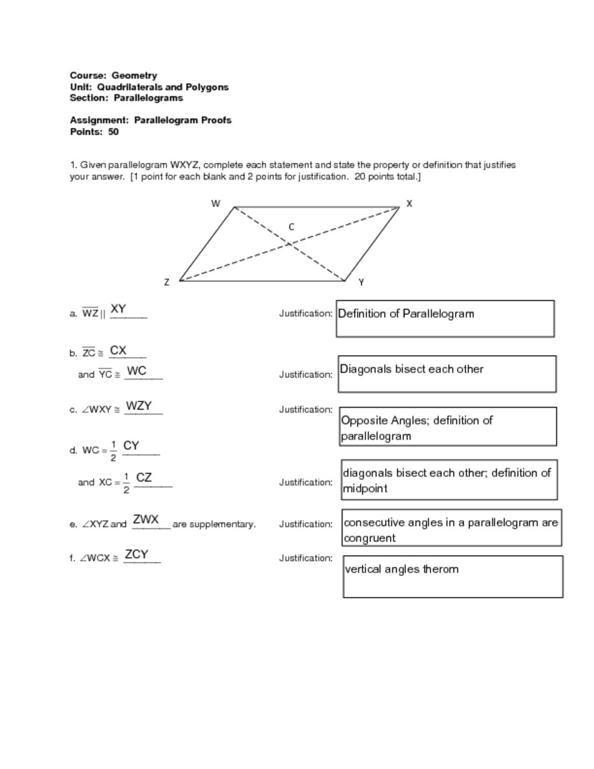 Geometry Parallelogram Proofs Worksheet Answers