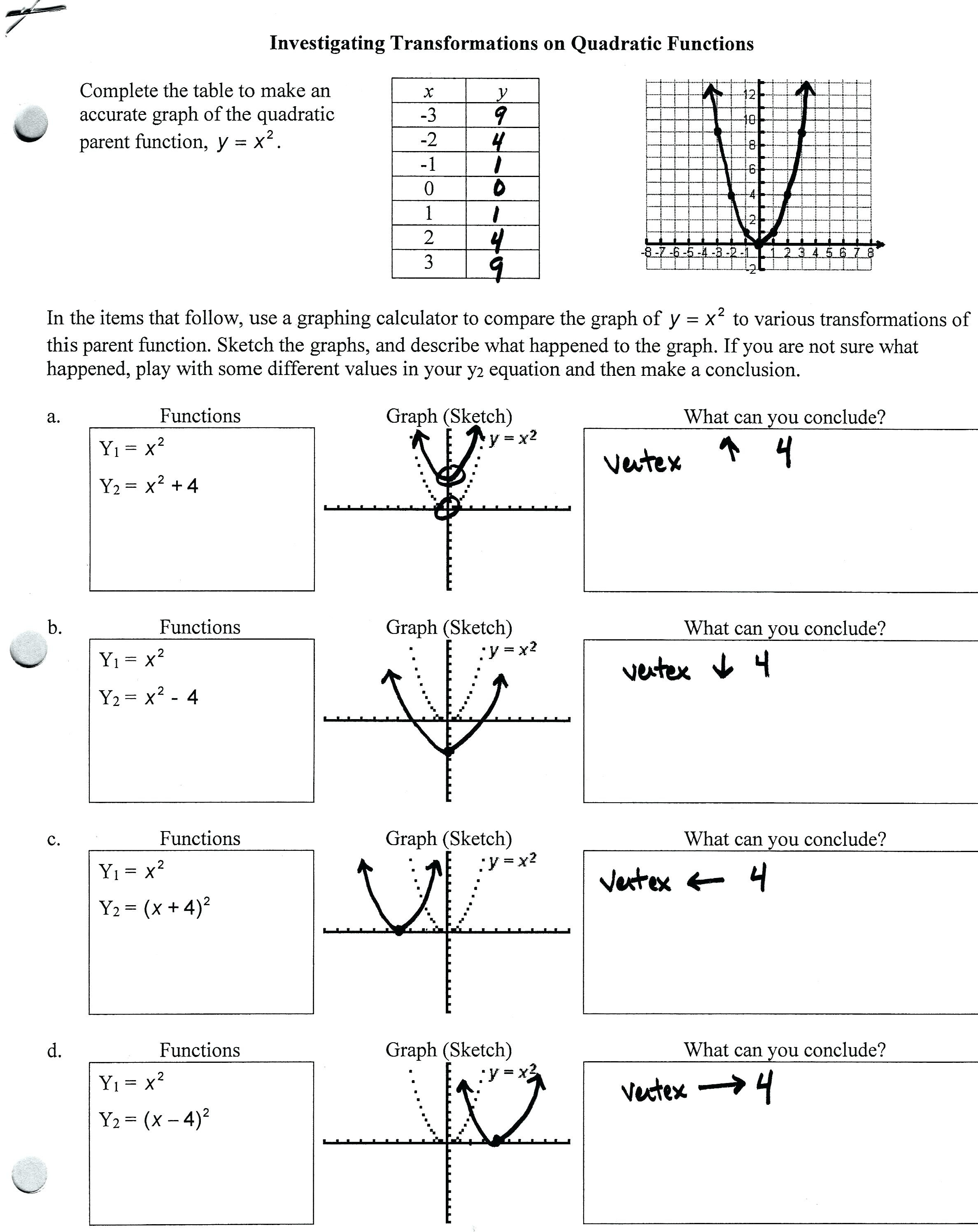 Transformations Of Quadratic Functions Worksheet Db excel