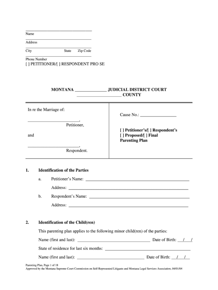 Parenting Plan Montana  Fill Online Printable Fillable