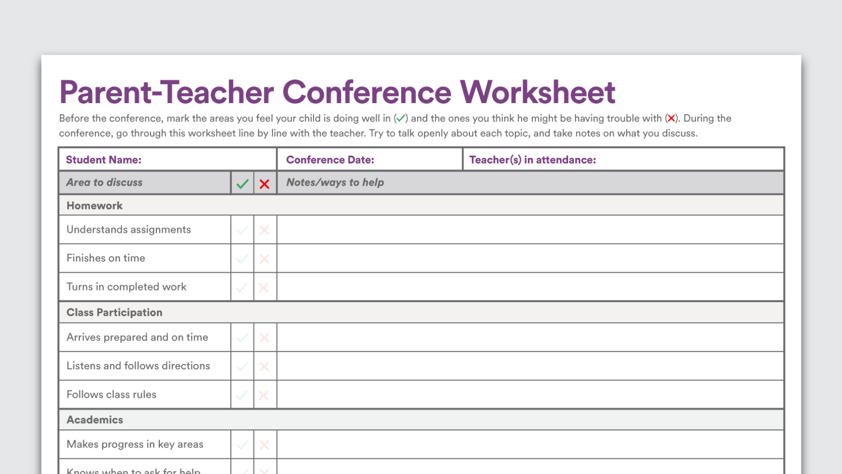 Parentteacher Conference Worksheet