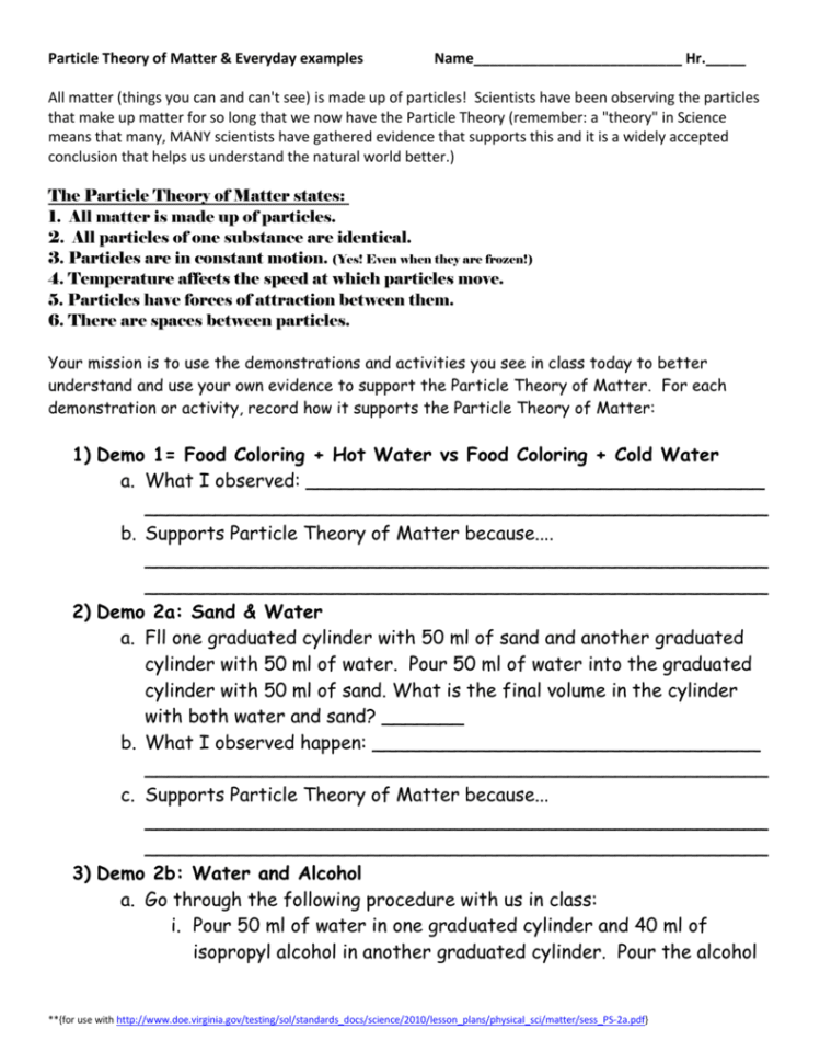 Particle Theory Of Matter Activity Sheet