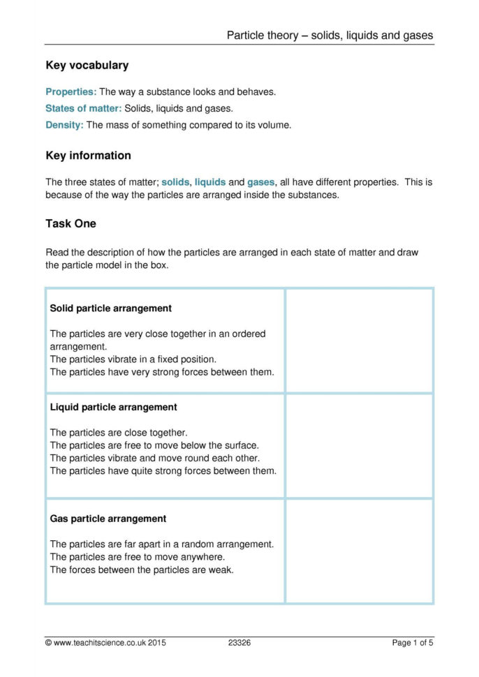 Particle Theory Of Matter Worksheet