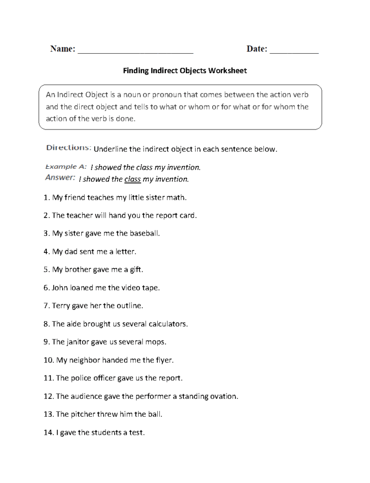 Parts Of A Sentence Worksheets  Direct And Indirect Objects