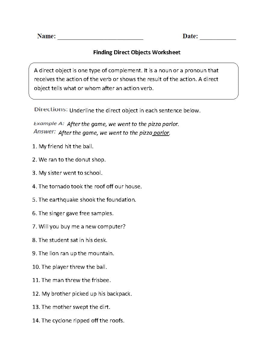 Parts Of A Sentence Worksheets  Direct And Indirect Objects