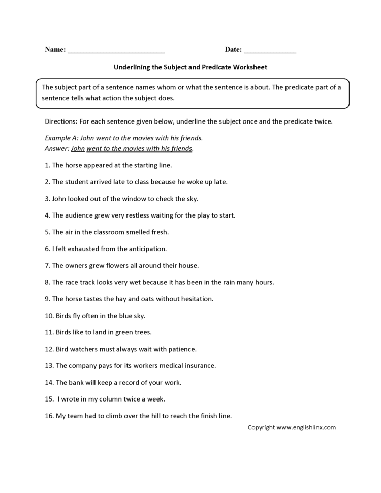 Parts Of A Sentence Worksheets  Subject And Predicate