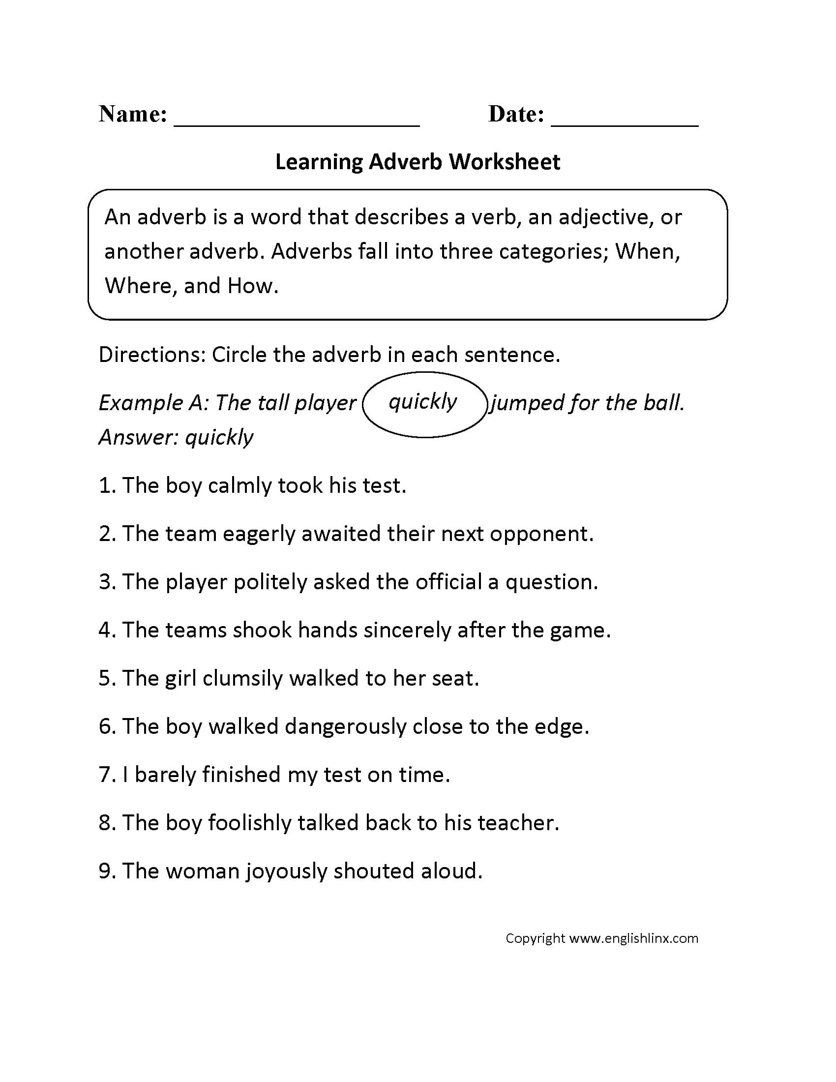 Free Printable Adverb Worksheets