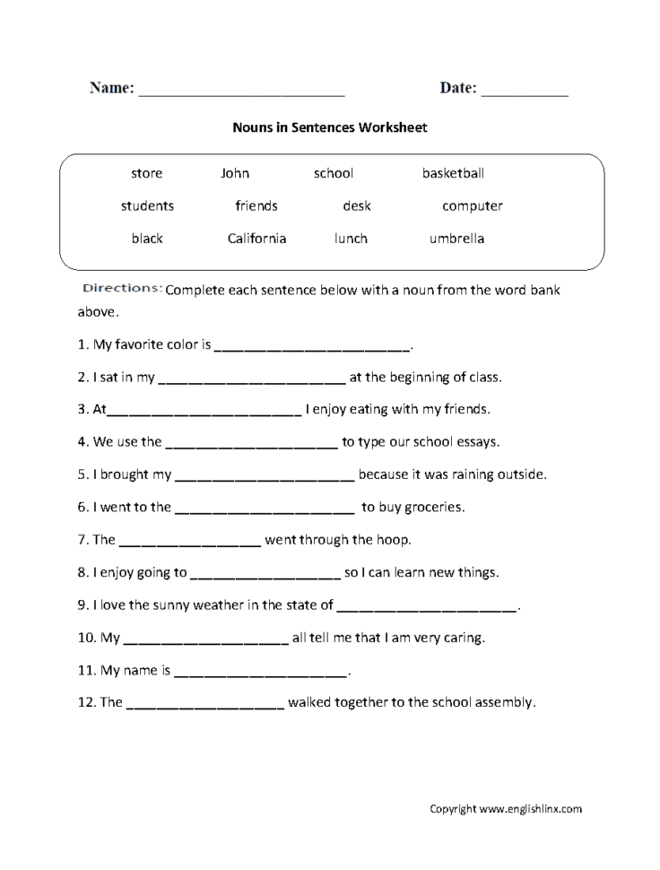 Parts Speech Worksheets  Noun Worksheets