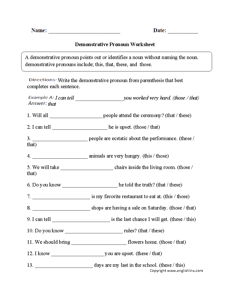 Parts Speech Worksheets  Pronoun Worksheets