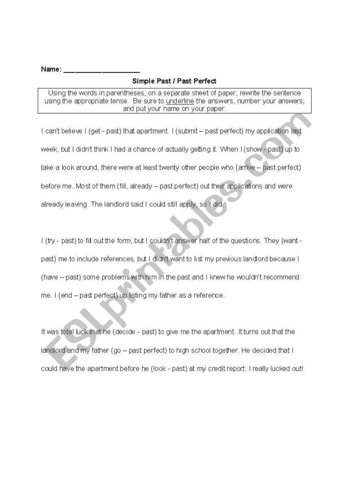Past Perfect Verb Tense Worksheet With Key  Esl Worksheet