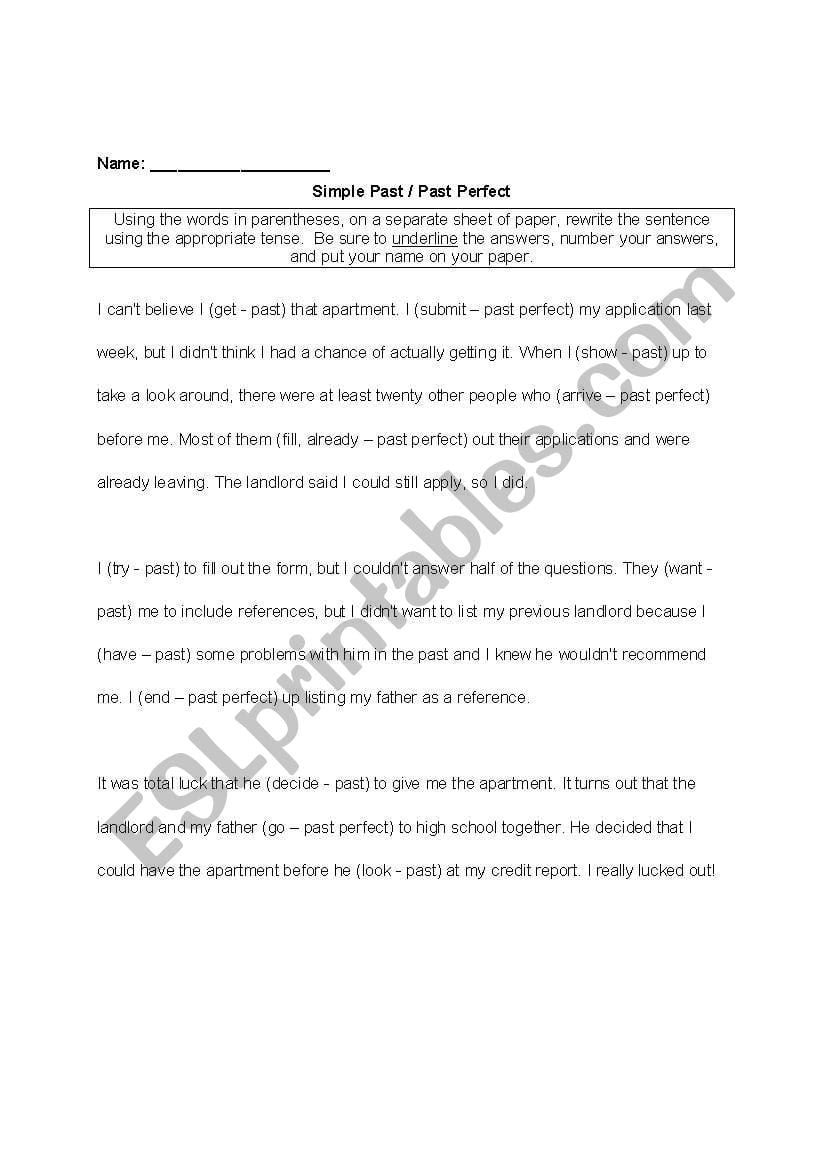 Past Perfect Verb Tense Worksheet With Key  Esl Worksheet