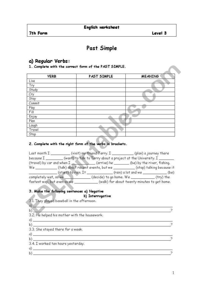 Past Simple  Regular  Irregular Verbs  Esl Worksheet