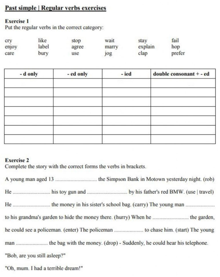 Past Simple Regular Verbs Regular Verbs Worksheet