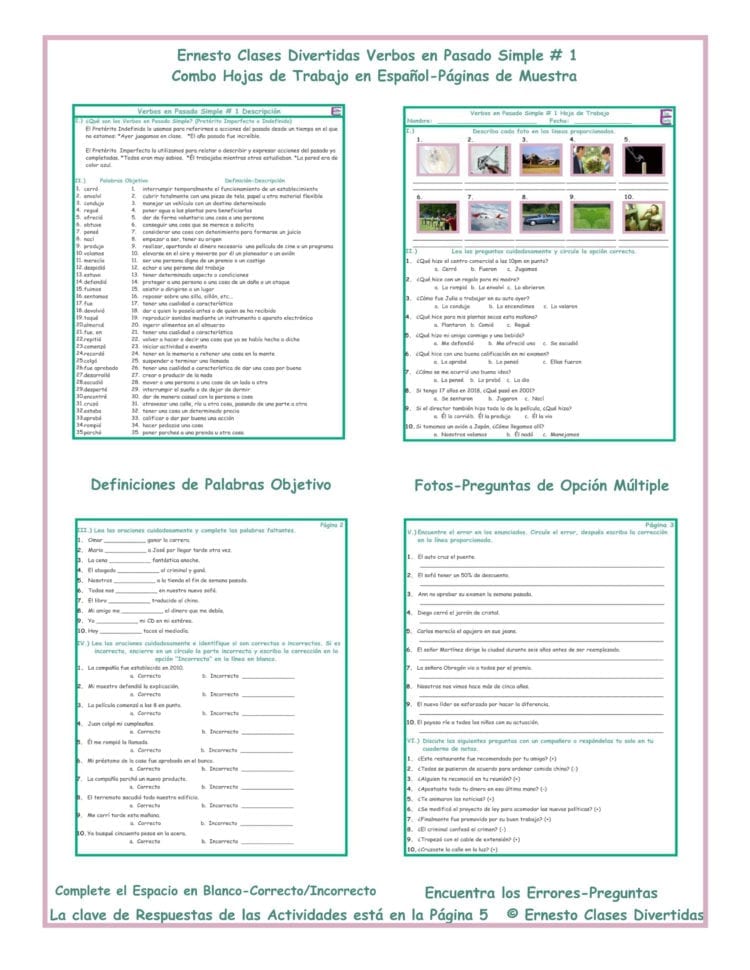 Past Simple Tense Verbs  1 Combo Activities Spanish Worksheets