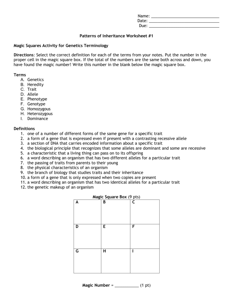 Patterns Of Inheritance Worksheet 1