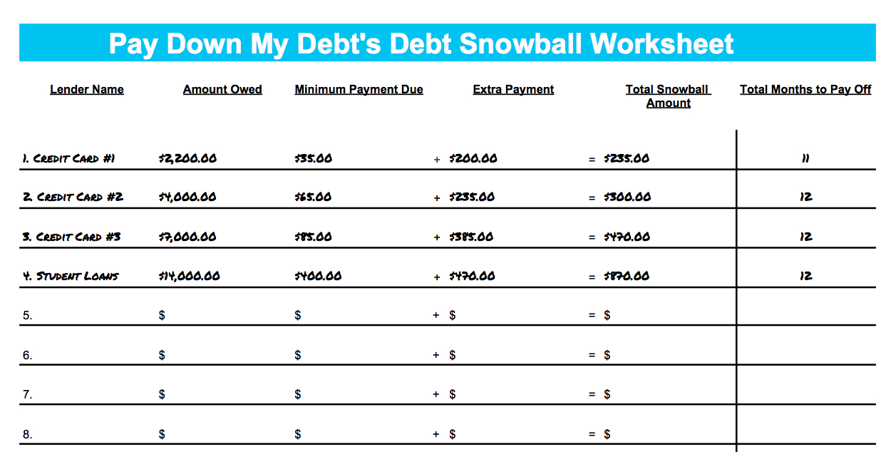 Pay Down My Debt's Debt Snowball Worksheet