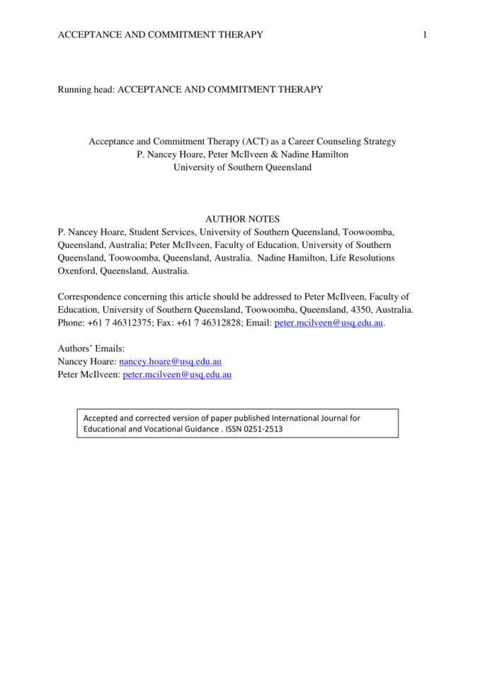 Pdf Acceptance And Commitment Therapy Act As A Career