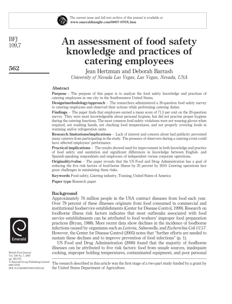 Pdf An Assessment Of Food Safety Knowledge And Practices Of