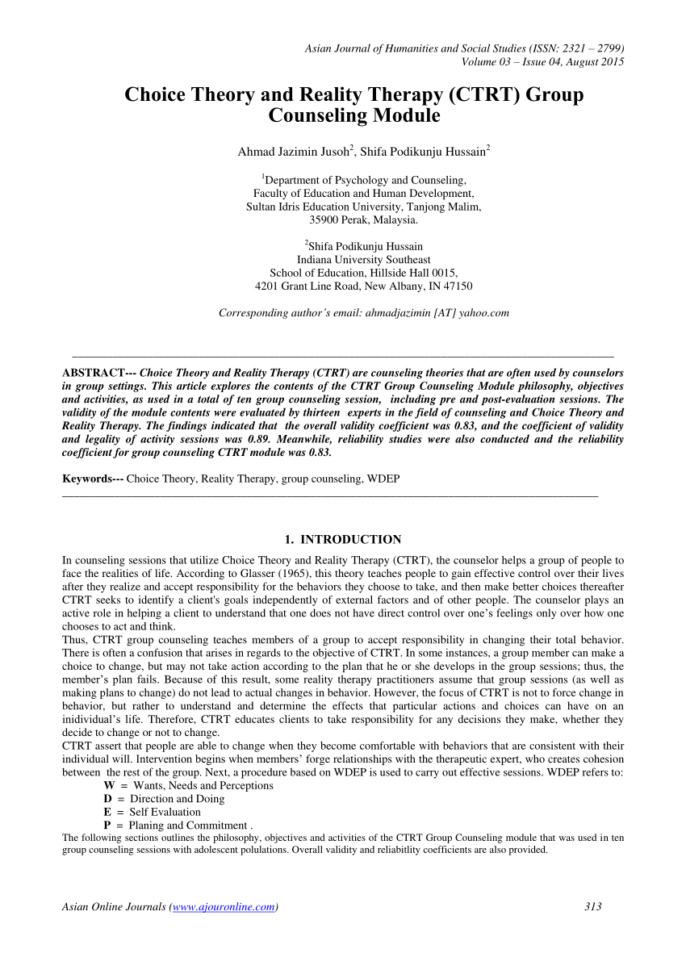 Pdf Choice Theory And Reality Therapy Ctrt Group Counseling Module