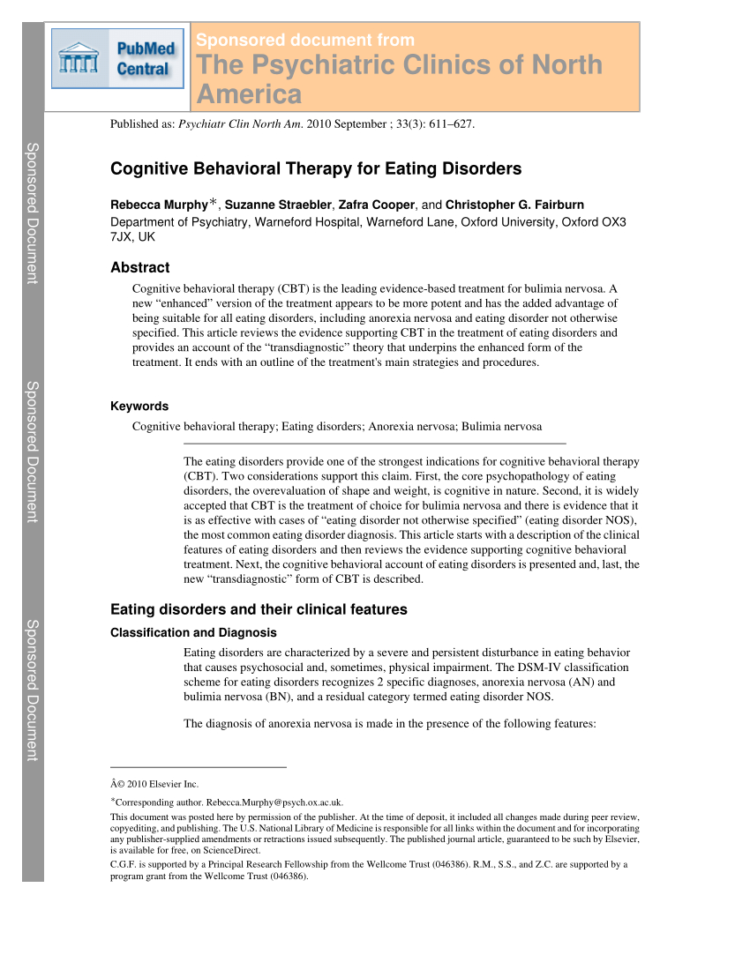 Pdf Cognitive Behavioral Therapy For Eating Disorders