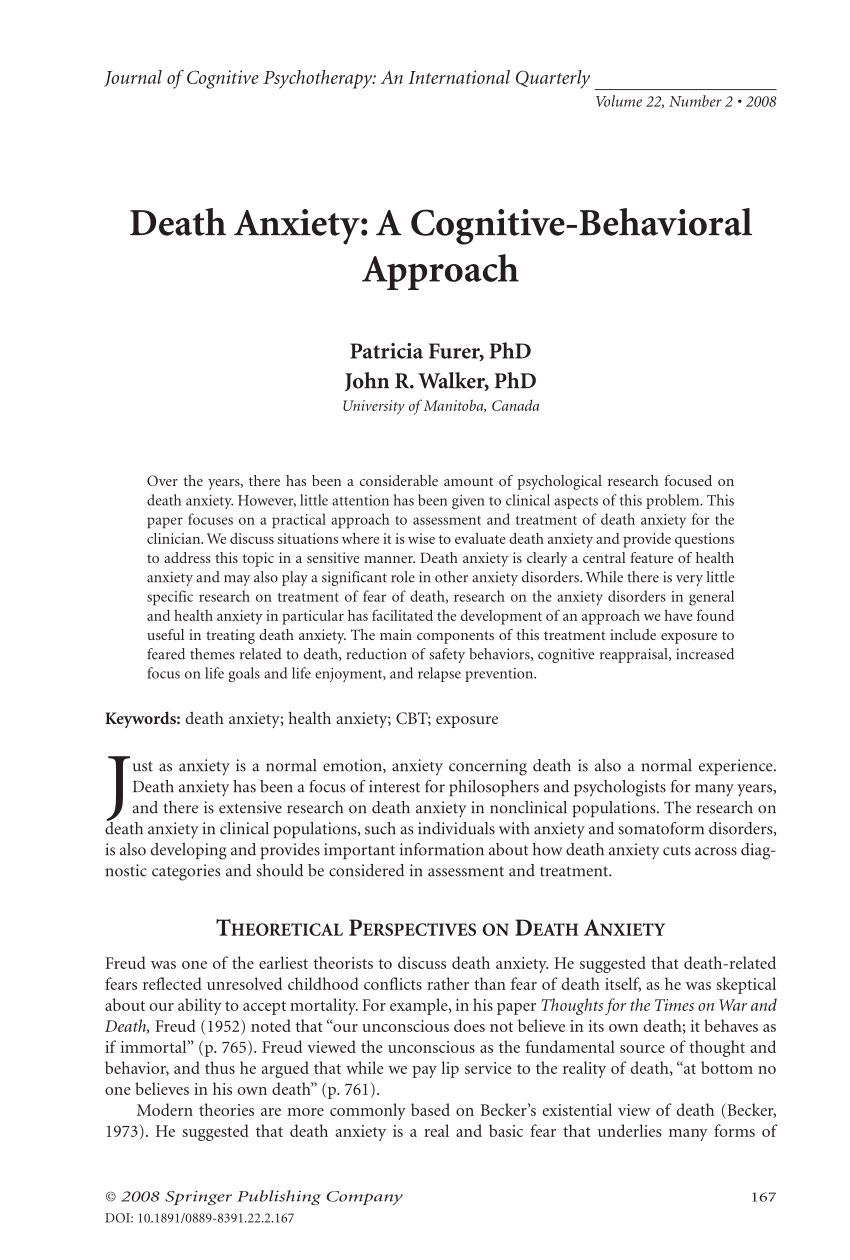Pdf Death Anxiety A Cognitivebehavioral Approach