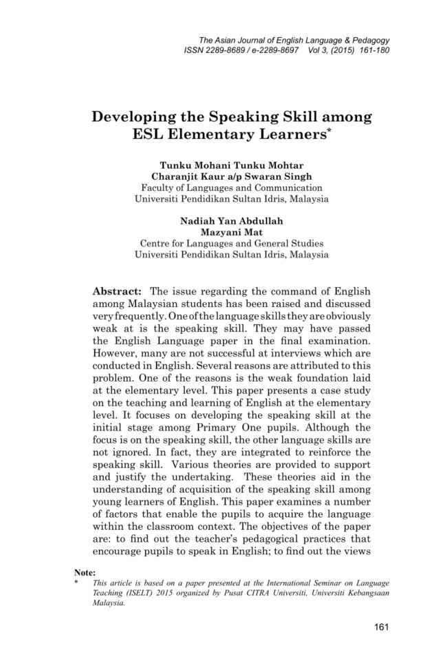 Pdf Developing Speaking Skills Among Esl Elementary Learners