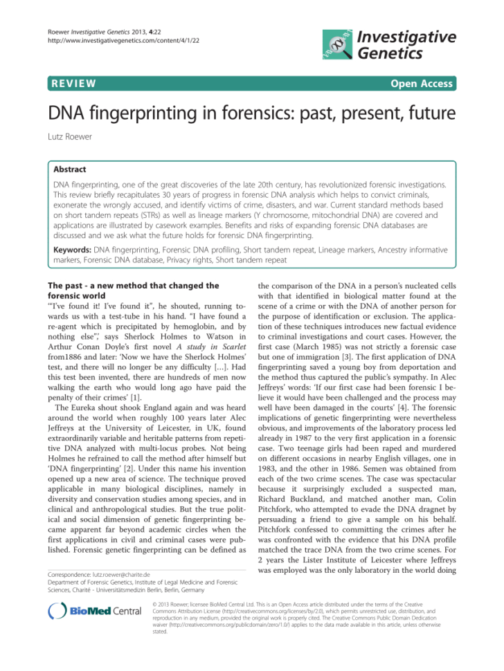 Pdf Dna Fingerprinting In Forensics Past Present Future
