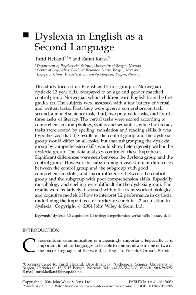 Pdf Dyslexia In English As A Second Language