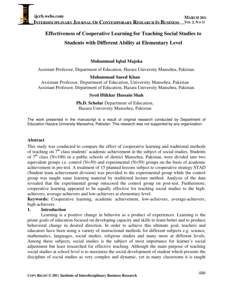 Pdf Effectiveness Of Cooperative Learning For Teaching