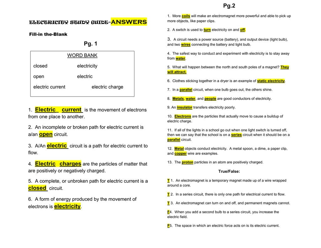 Pdf Electricity Study Guideanswer Key Db excel