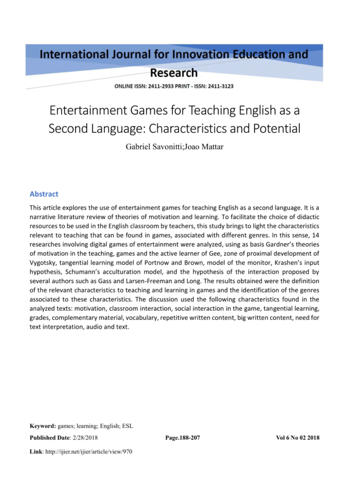 Pdf Entertainment Games For Teaching English As A Second