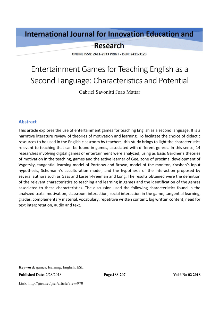 Pdf Entertainment Games For Teaching English As A Second