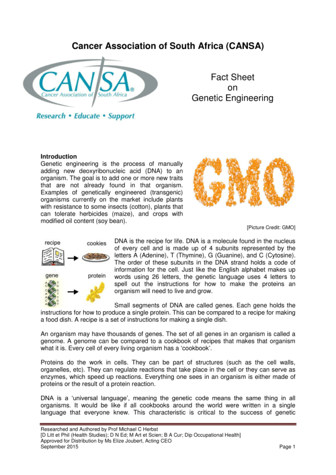 Pdf Fact Sheet On Genetic Engineering