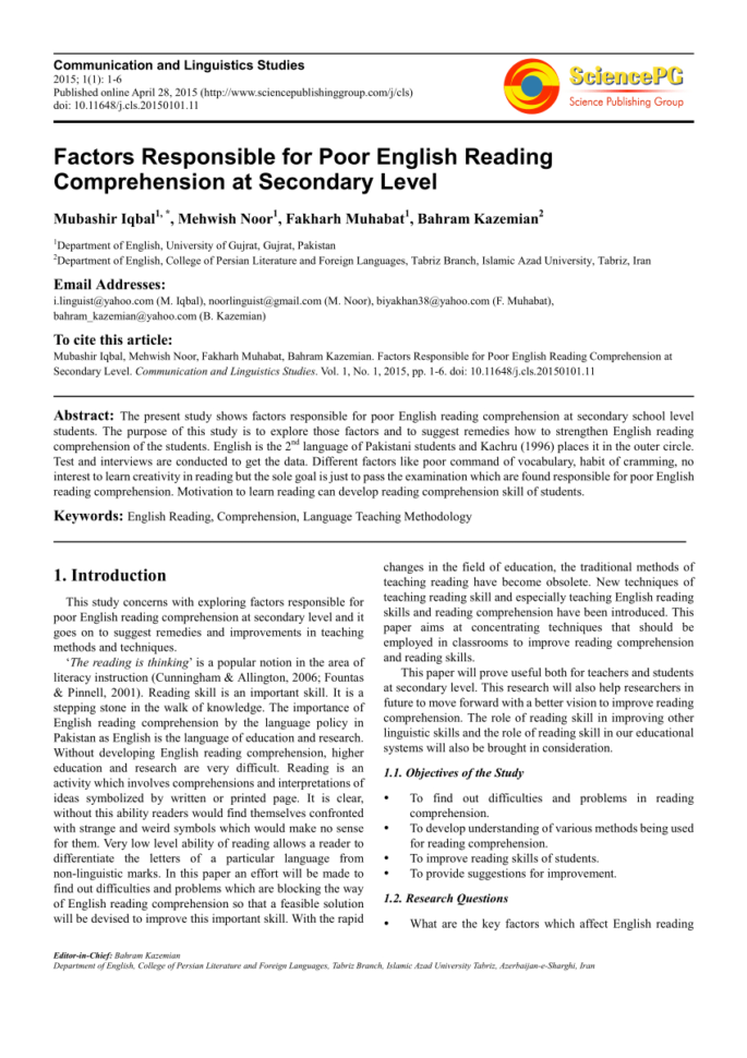 Pdf Factors Responsible For Poor English Reading