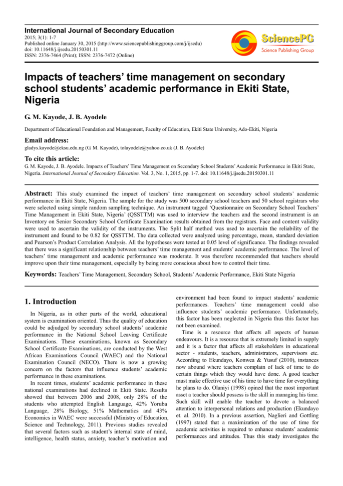 Pdf Impacts Of Teachers' Time Management On Secondary