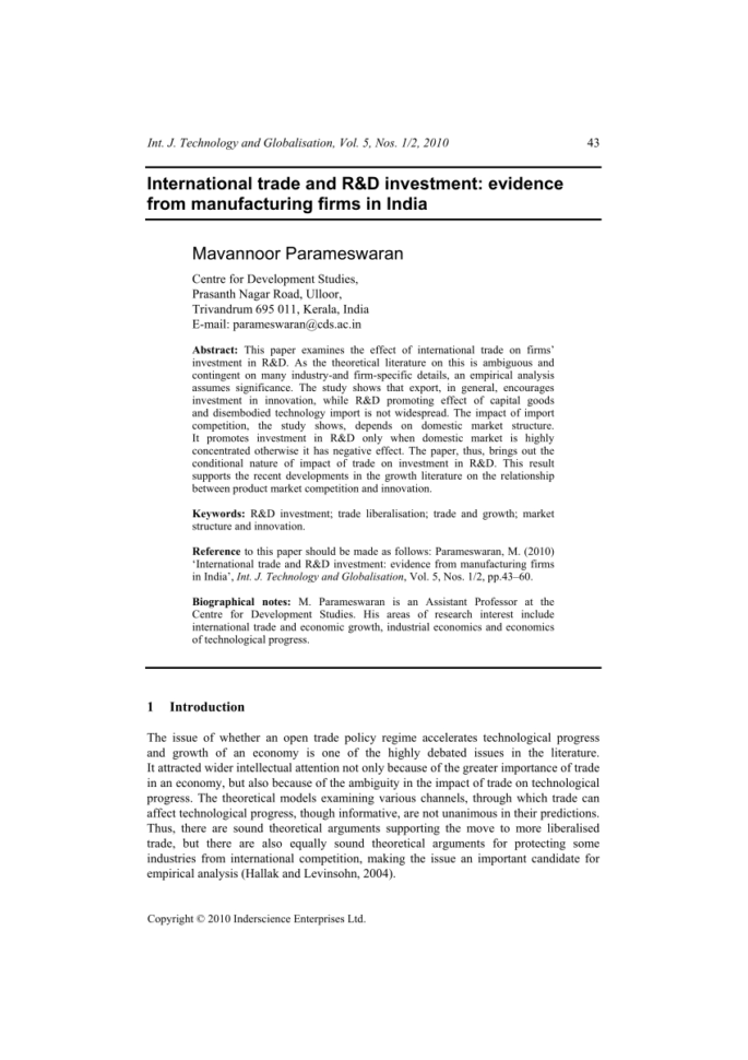Pdf International Trade And Rd Investment Evidence From