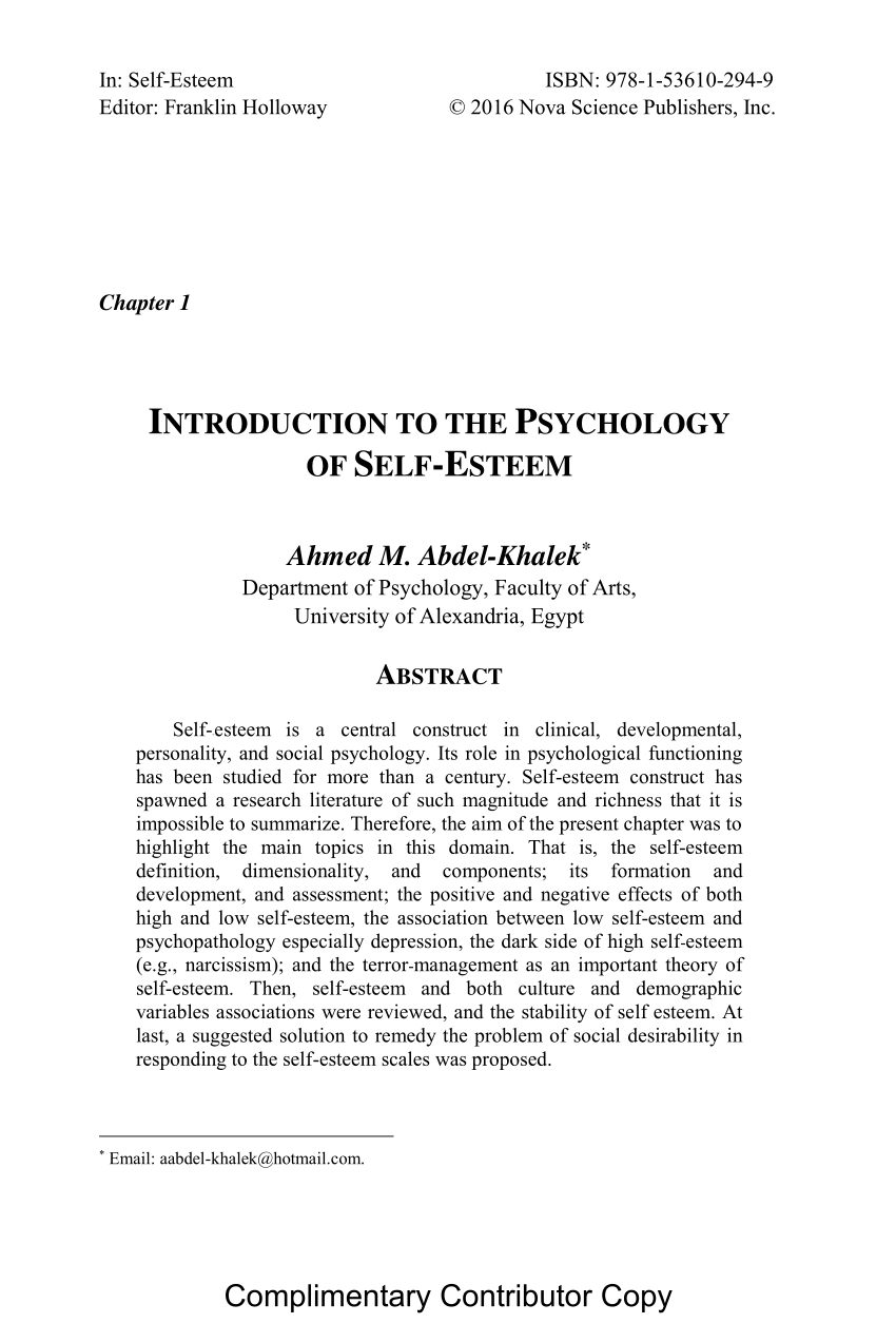 Pdf Introduction To The Psychology Of Selfesteem