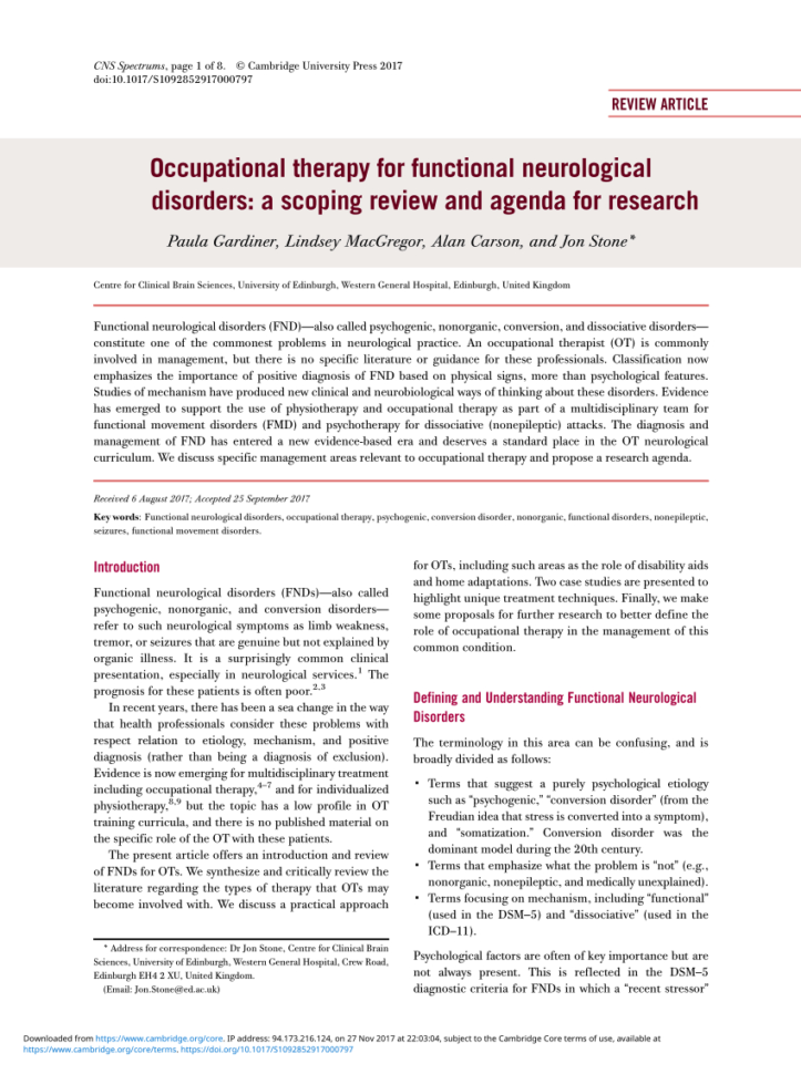 Pdf Occupational Therapy For Functional Neurological